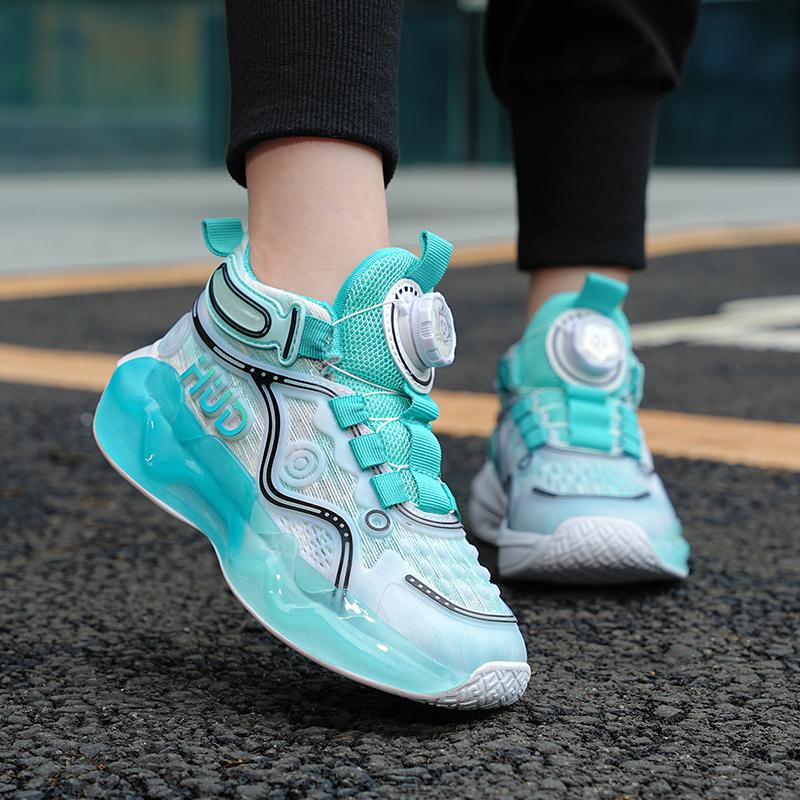 Kids Sports Basketball Shoes Boys Breathable Sports Shoes Fashion Rotating Button Night Reflective Girls Sports Shoes