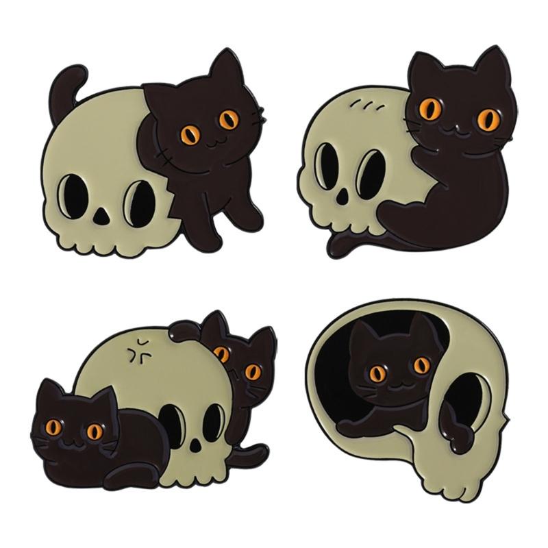 Unique Skeleton Cats Theme Metal Pin Creative Gift Mysterious Black Cats Jewelry For Gothic Culture Lovers
