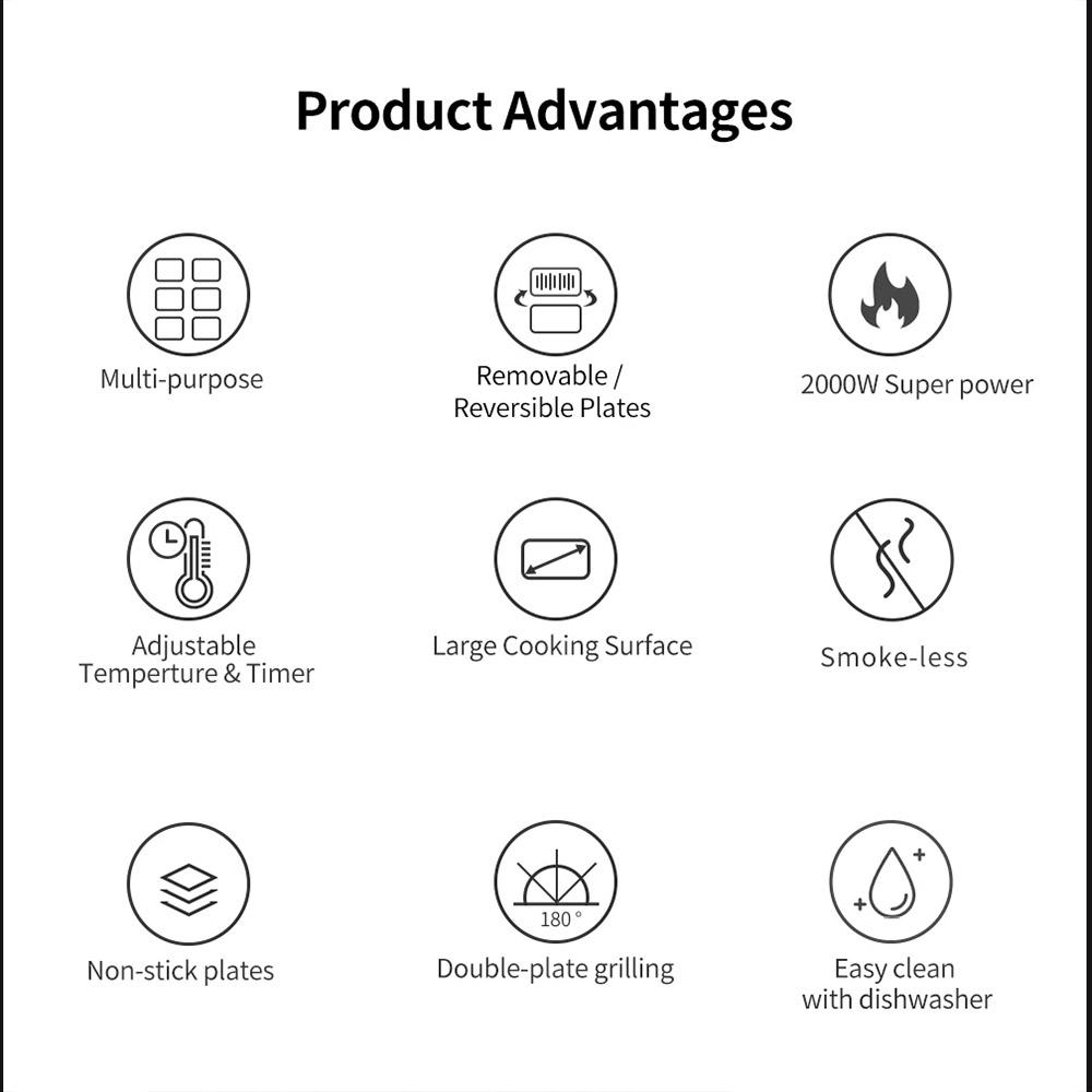 BioloMix BCG02D 2000W Electric Contact Grill, Removable/Reversible & Non-stick Plates, Smokeless, LCD Display & Digital Control, Opens 180 Degree