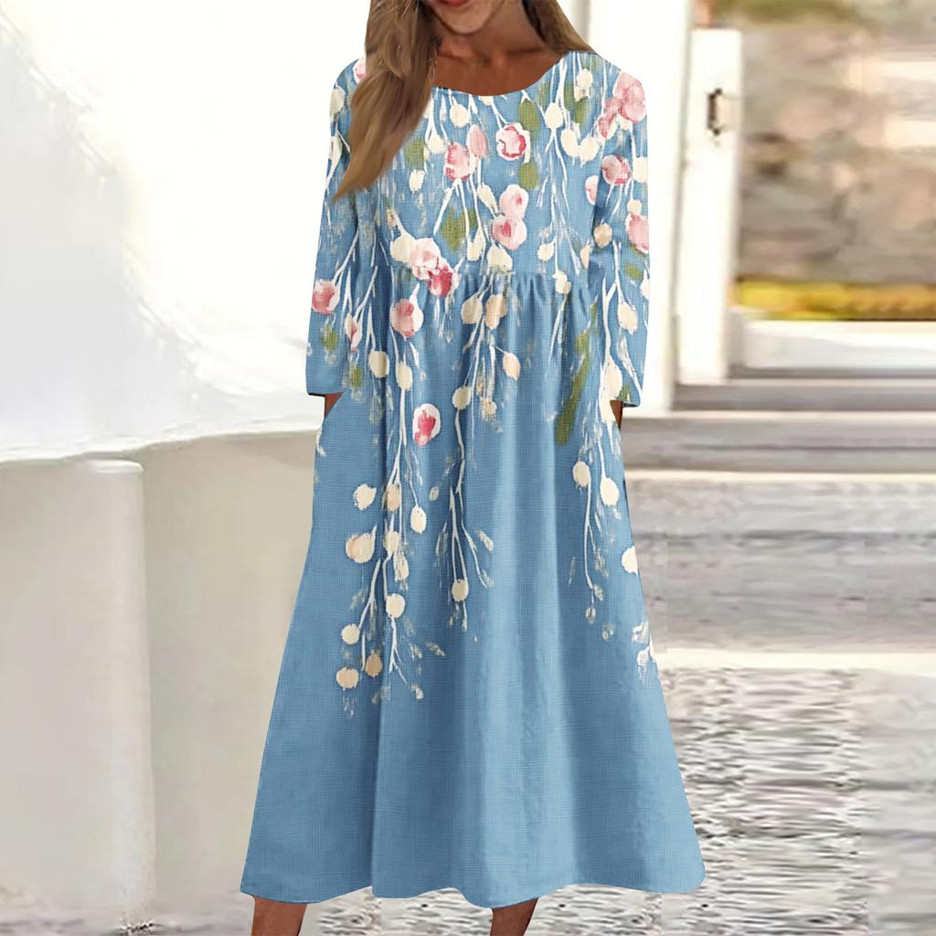 Women's Casual Round Neck Floral Print Midi Dress Long Sleeve Pocket Dress