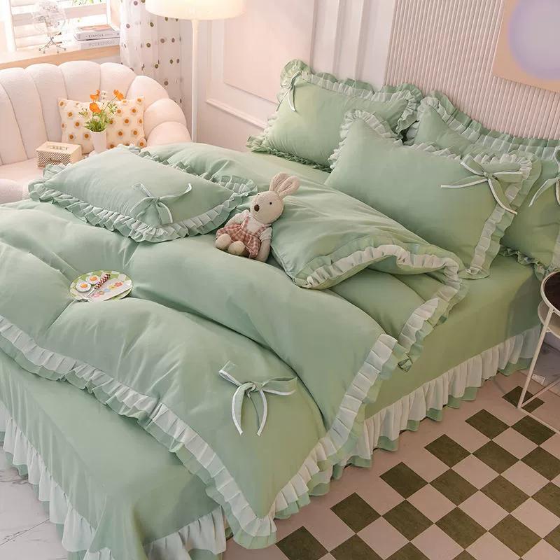 Girls Bedding Sets Kawaii Seersucker Bed Sheet Pillowcase Fashion Princess Duvet Cover Solid Color 4 Pieces Cute Home Decoration