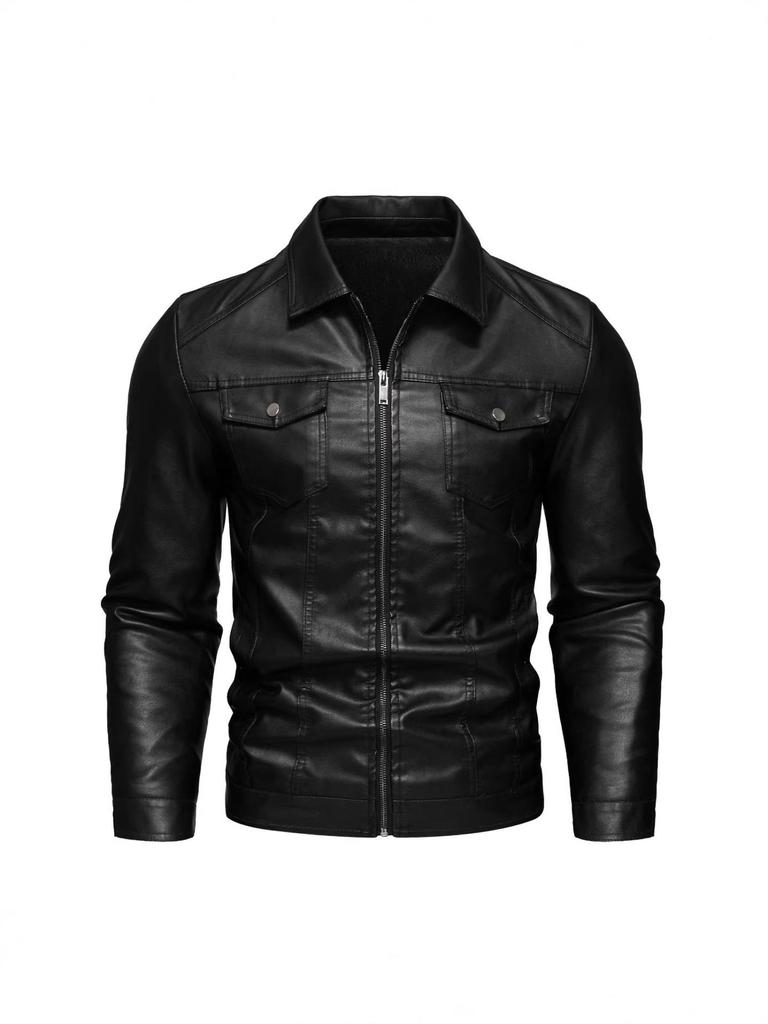 Men's Fleece-Lined PU Leather Motorcycle Jacket, Korean Style, for Spring, Autumn, and Winter.