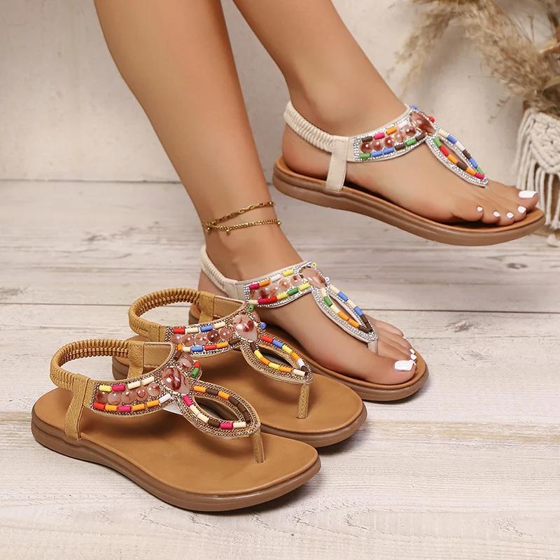 Fashion Colorful String Bead Bohemian Sandals Women Summer Non Slip Flat Heel Beach Sandles Woman Elastic Band Clip Toe Gladiator Shoes