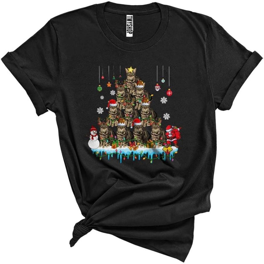 American Shorthair Cat Funny Christmas Tree Lights Plaid Santa Dabbing Elf Reindeer Snowman Unisex T-Shirt Black S