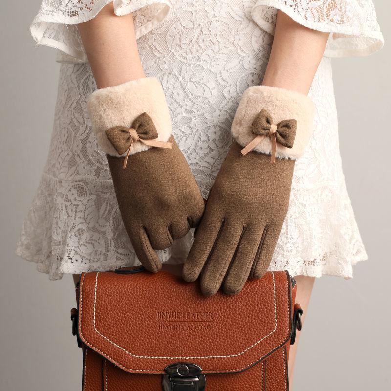New Female Autumn Winter Non-Inverted Velvet Cashmere Full Finger Warm Lace Gloves Women Cotton Touch Screen Gloves G82