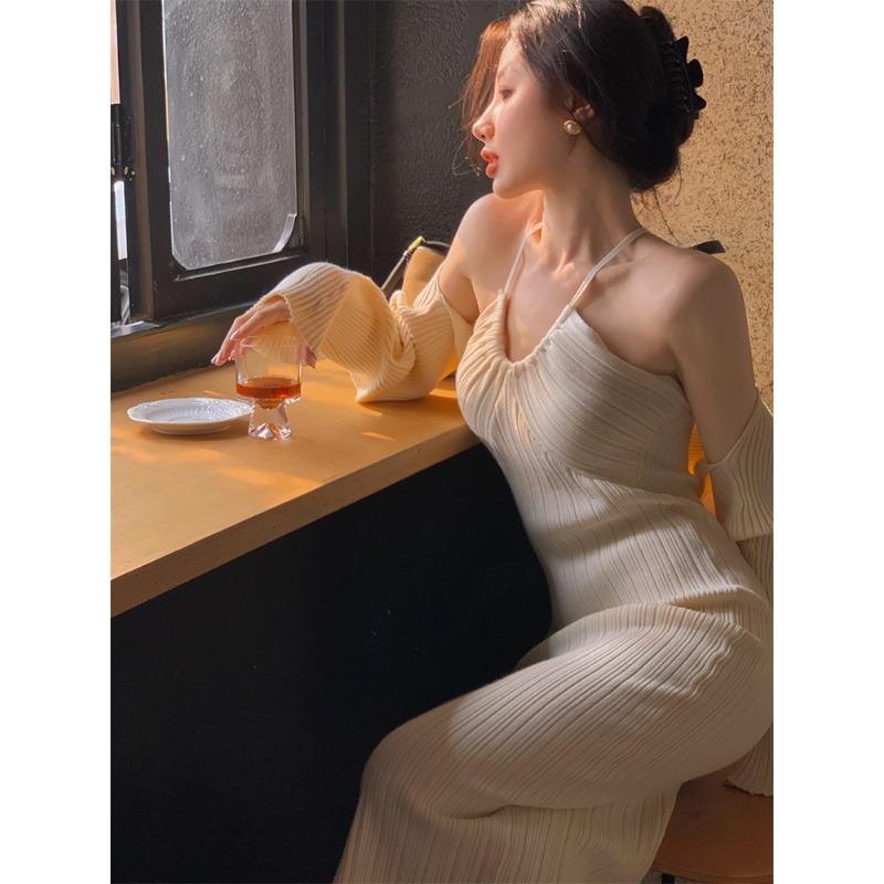 Knitted sweater, suspender neck dress, women's autumn and winter off-the-shoulder skirt, long dress with base and coat
