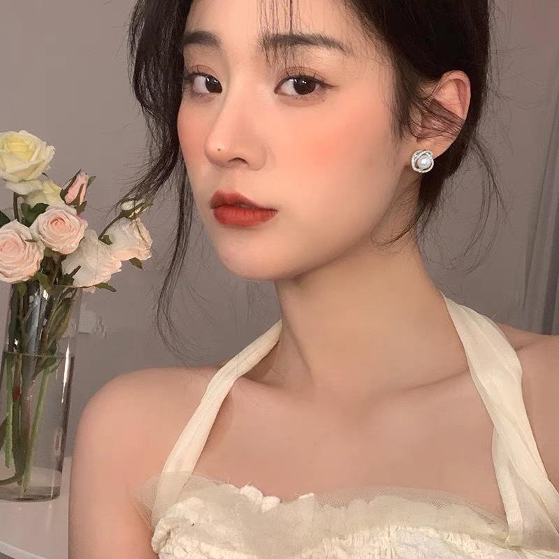 S925 Sterling Silver Diamond-Inlaid Rose Pearl Stud Earrings - Women’s Japanese Korean Niche Luxury, Comfortable for Sleeping with Pierced Ears