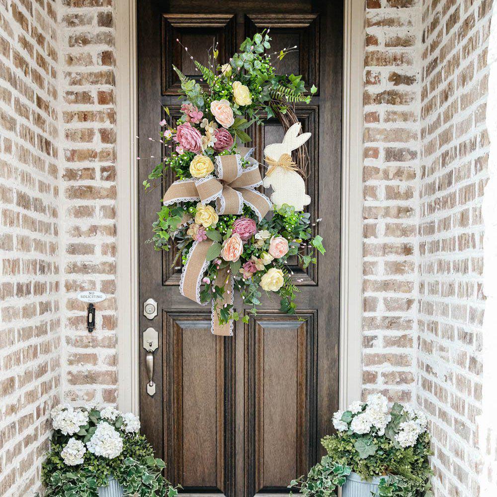 New Easter Wreath with Green Plants, Bowknot, and Rabbit Wall Decor