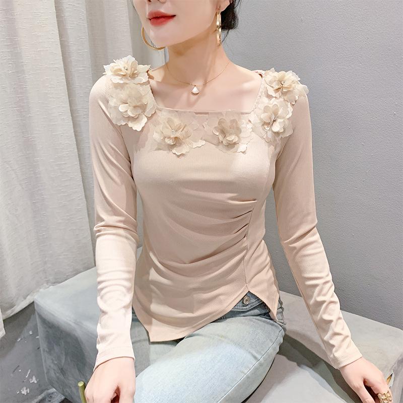 Flower Square Collar Top for Women In Winter New Style Irregular Slit Long-sleeved T-shirt Versatile Base Shirt
