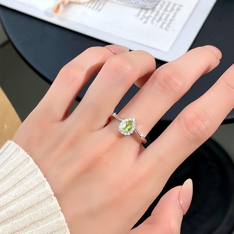 Classic S925 Sterling Silver Ring, Oval Natural Crystal & CZ Adjustable Band for Ladies