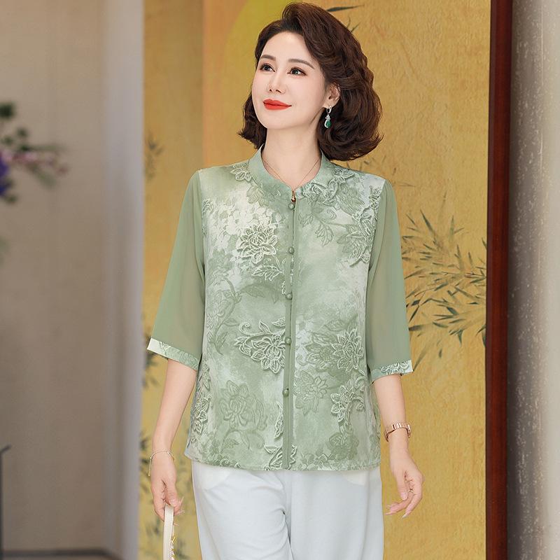 

2026 Stylish Summer Tops for Middle-Aged and Elderly Moms XL (90-105 jin) зелёный