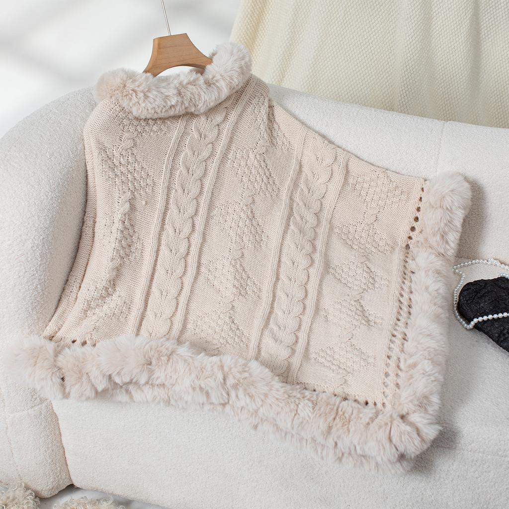 Damen Herbst und Winter Große Größe Einfarbig Zopfstrick Wollkragen Lockerer Pullover Umhang 5 Farben