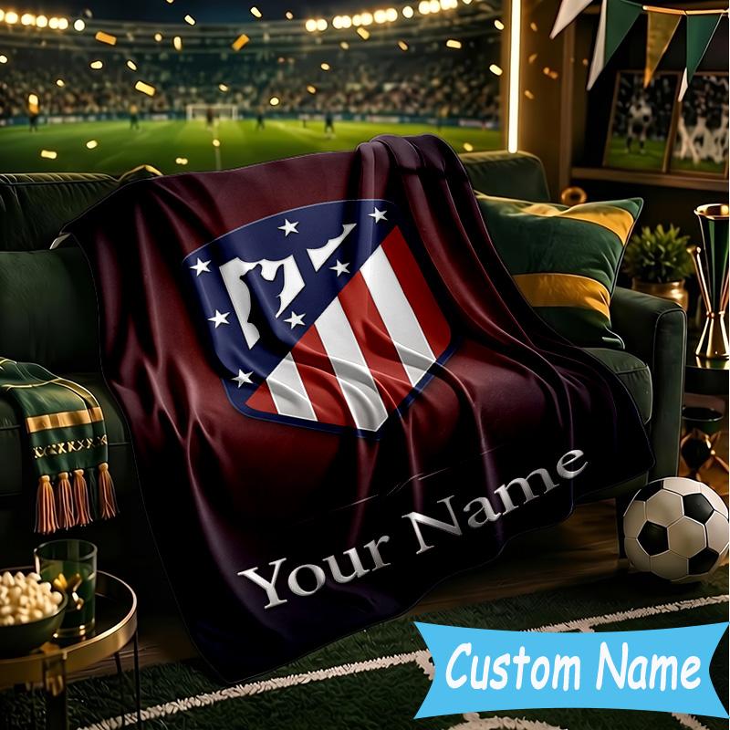 Custom Name Atletico Madrid Crest Flannel Blanket, Use for Birthday/Holiday Gift, Soft Blanket for Sofa/Bed/Camping/Office, Home Decor