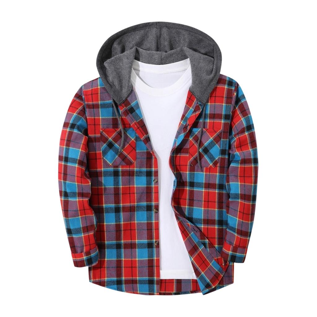 Men's Flannel Plaid Button-Up Shirt Jacket with Hood for Casual Outdoor Wear