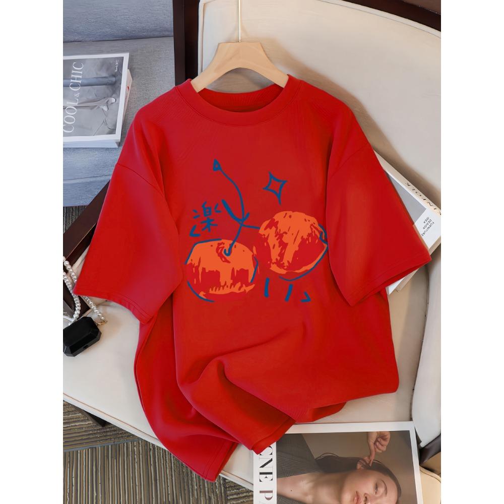 Cherry Pattern Printed Women's T-shirt Casual Sports Round Neck Short Sleeved Breathable Summer T-shirt Street New Clothing