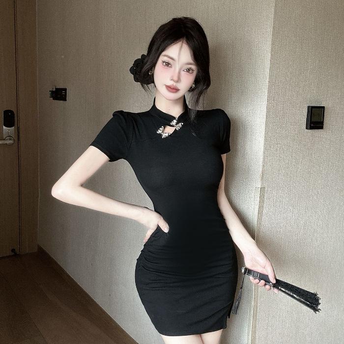 New Chinese Qipao: Waist-Cinching, Hip-Hugging Short Sleeve Dress with 3D Decoration & Hollow Design for a Sexy Summer Look