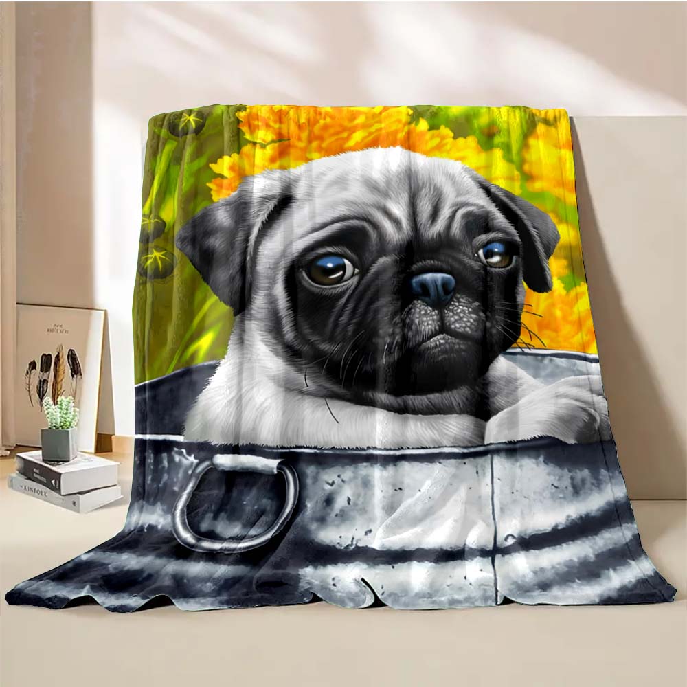 6 Sizes Cute Dog Pug Printed Blanket Warm Soft and Comfortable Home Travel Camping Blanket Sofa Bedding Cover Blanket Child Gift