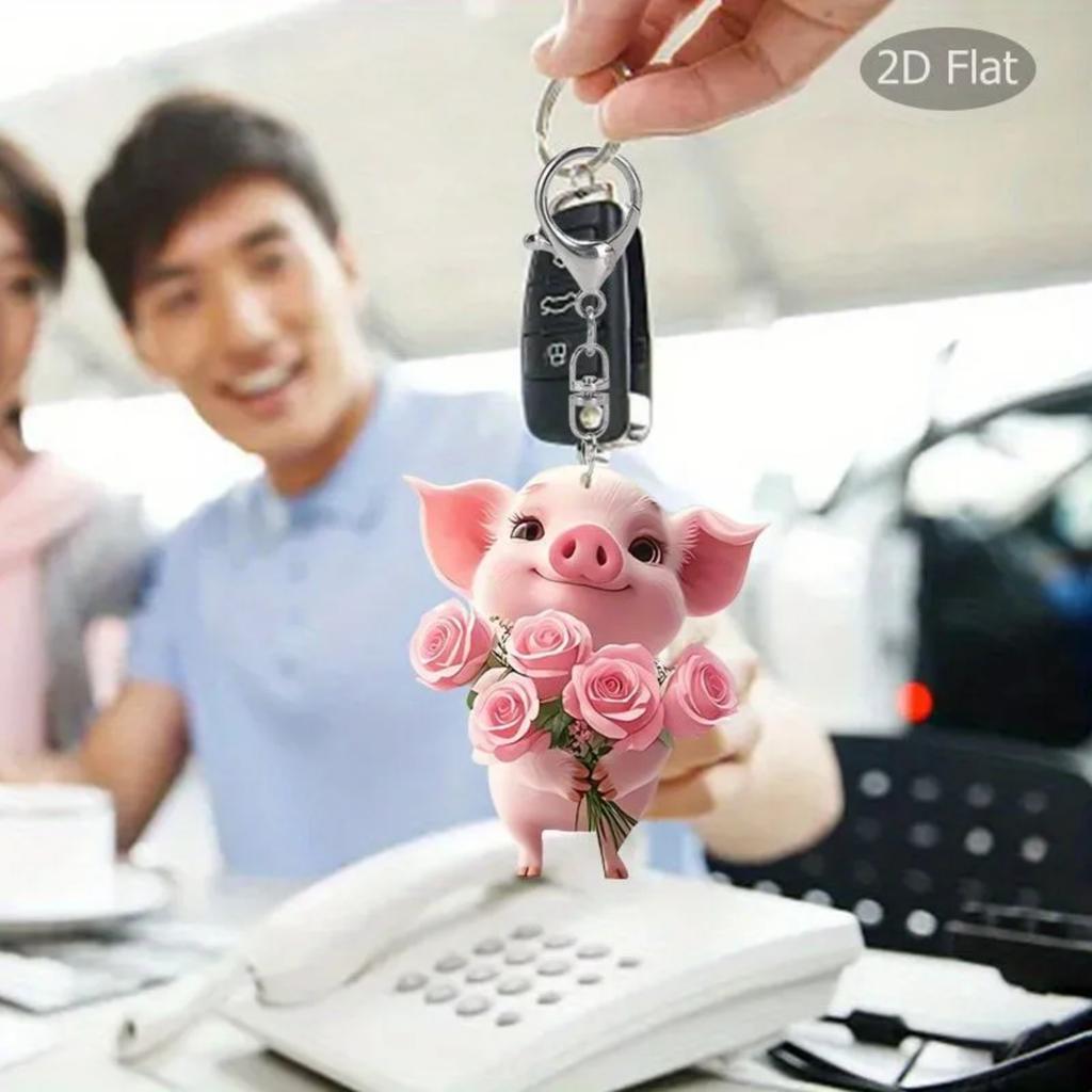 2D Acrylic Flat Flower Pig Car Keychain Backpack Pendant Decoration