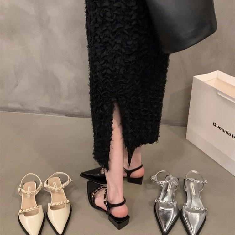 Fashion Empty Mary Jane leather shoes for women 2 one-line chain high heels summer wear pointed high heel sandals