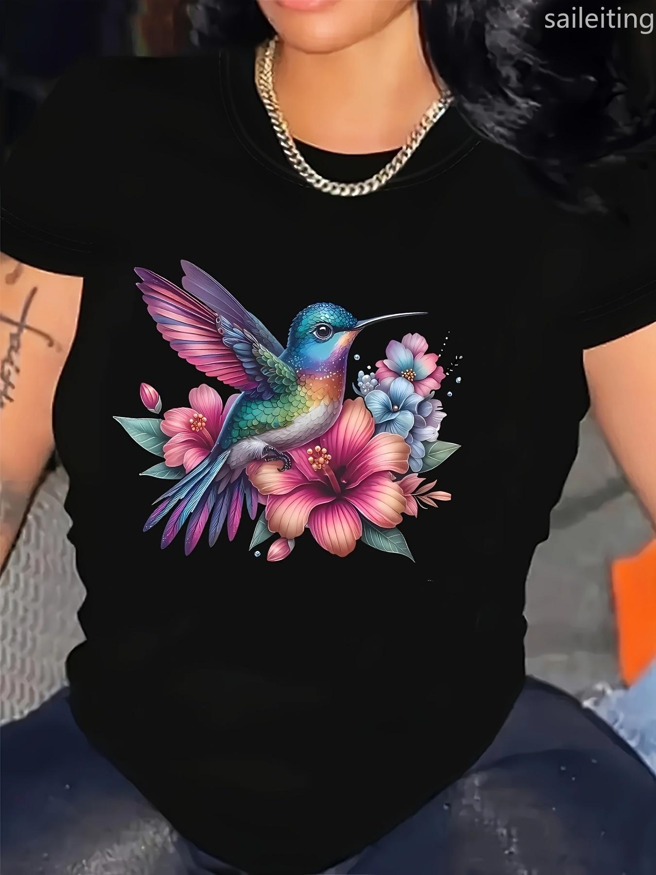 

Womens Casual Short Sleeve Crew Neck TShirt Vibrant Hummingbird Summer Short Sleeved Harajuku Streetwear Tops Tees S