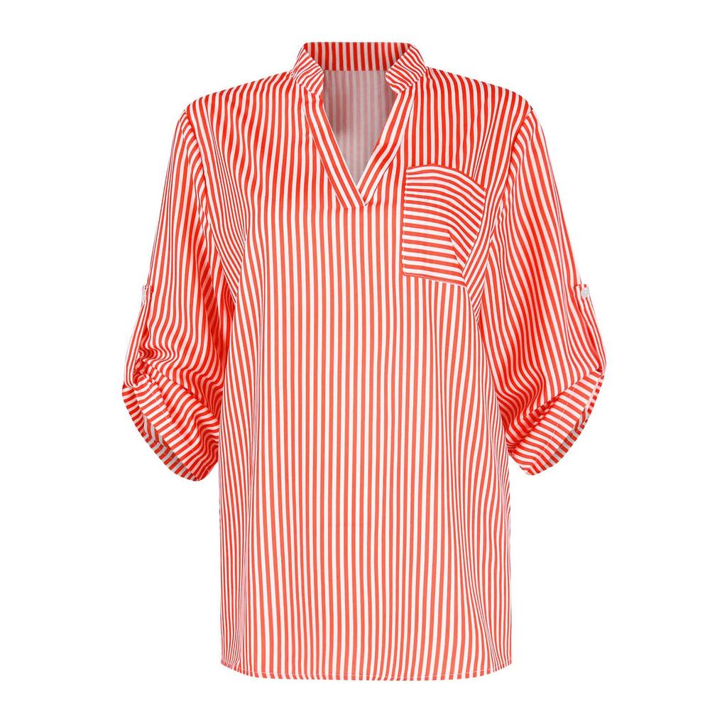 Women's V-neck Pullover Striped Printed Long Sleeved Casual Women's Shirt