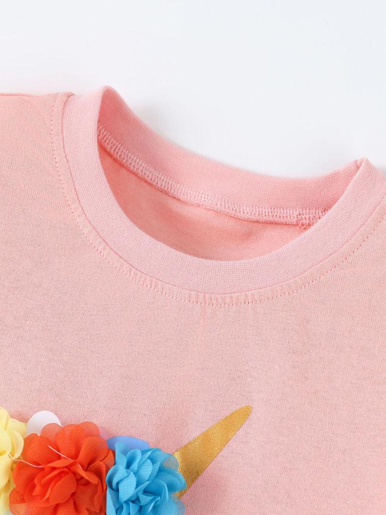 Girls' 3D Flower Print Short-Sleeve T-shirt - European & American Style, Round Neck, Summer 2026 Collection