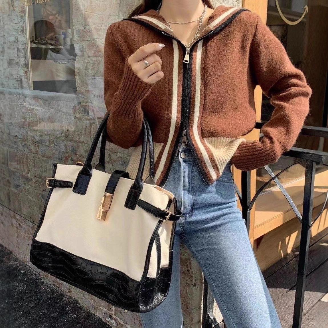 

Contrasting color hooded knitted cardigan women s autumn design sense casual outer zipper short sweater jacket one size fits all хакі