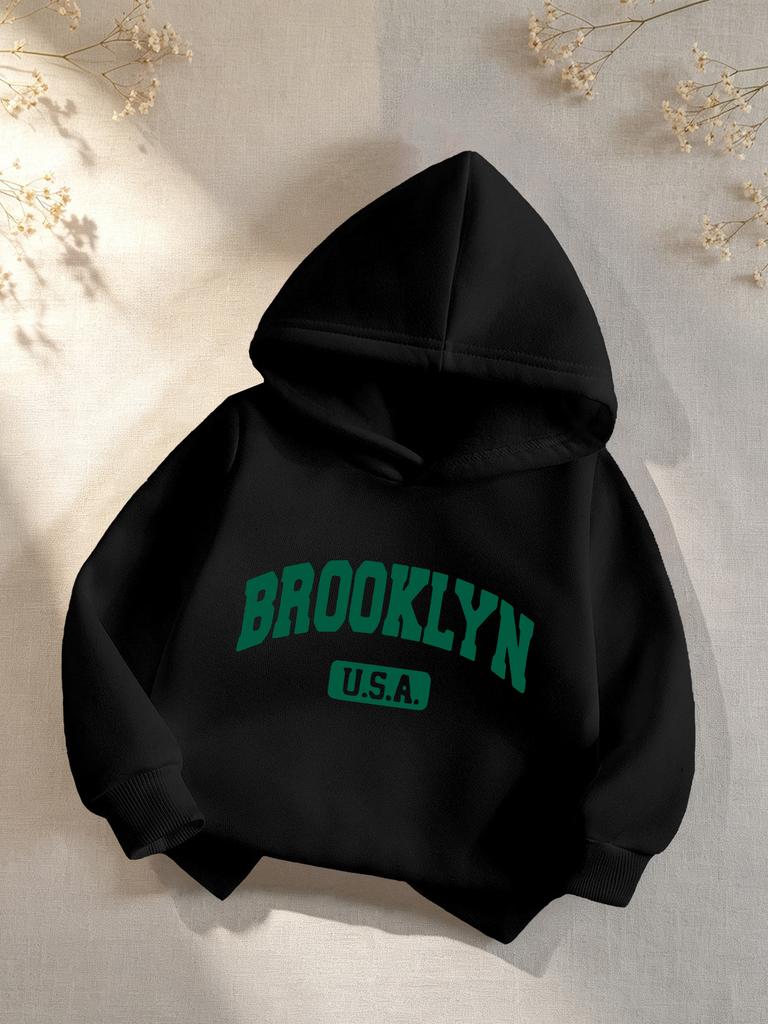 Warmer Kapuzenpullover für Jungen mit Fleece-Futter – „BROOKLYN USA“ Letter-Print – Lässiges Sport-Sweatshirt für Herbst/Winter