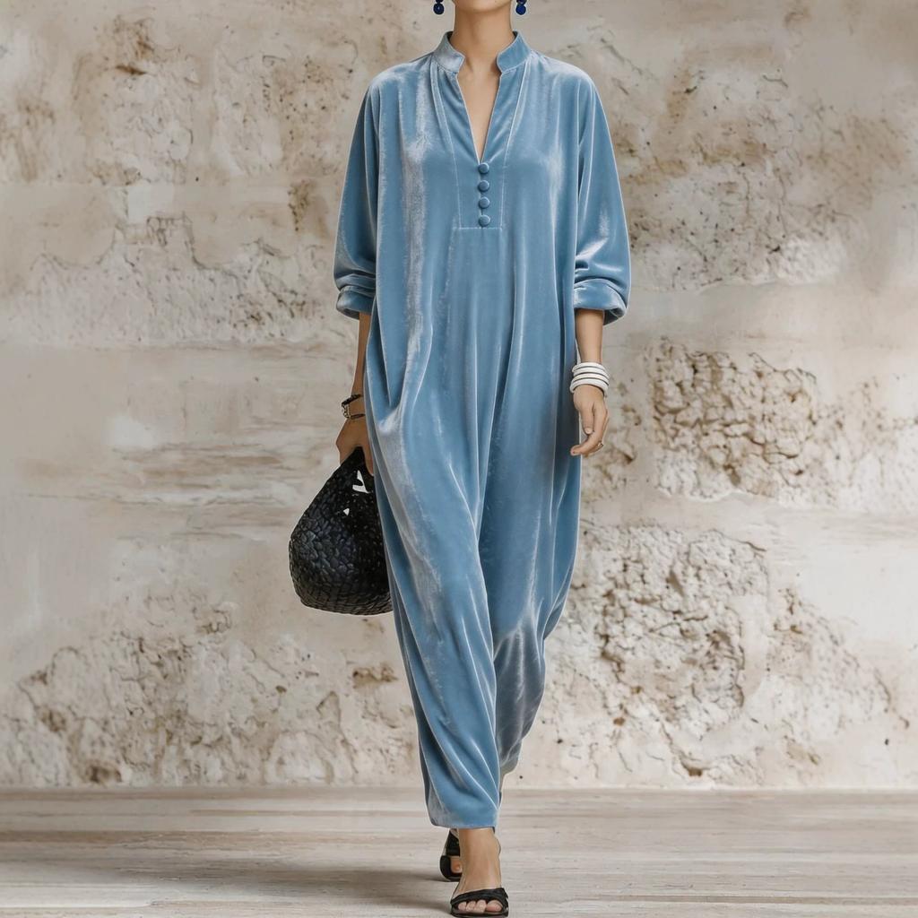 Abito autunnale e invernale da donna europeo e americano tinta unita scollo a V largo ed elegante stile velluto manica lunga a lanterna