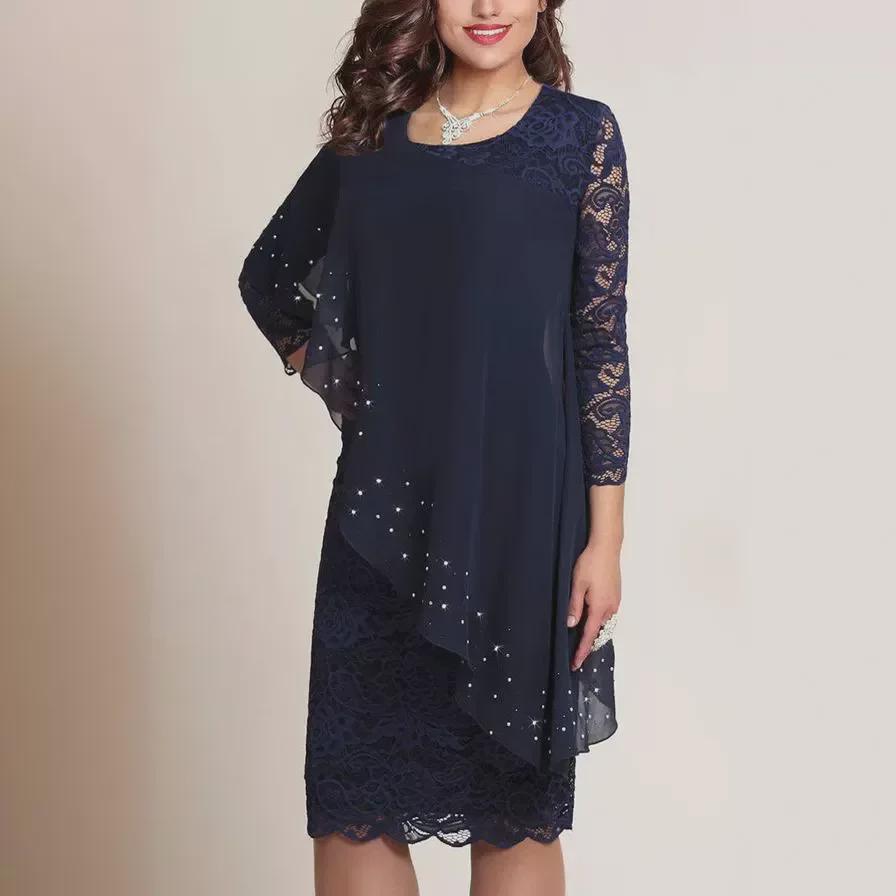 Elegant Three-Quarter Sleeve Solid Color Lace Trim Slim Dress for Plus Sizes