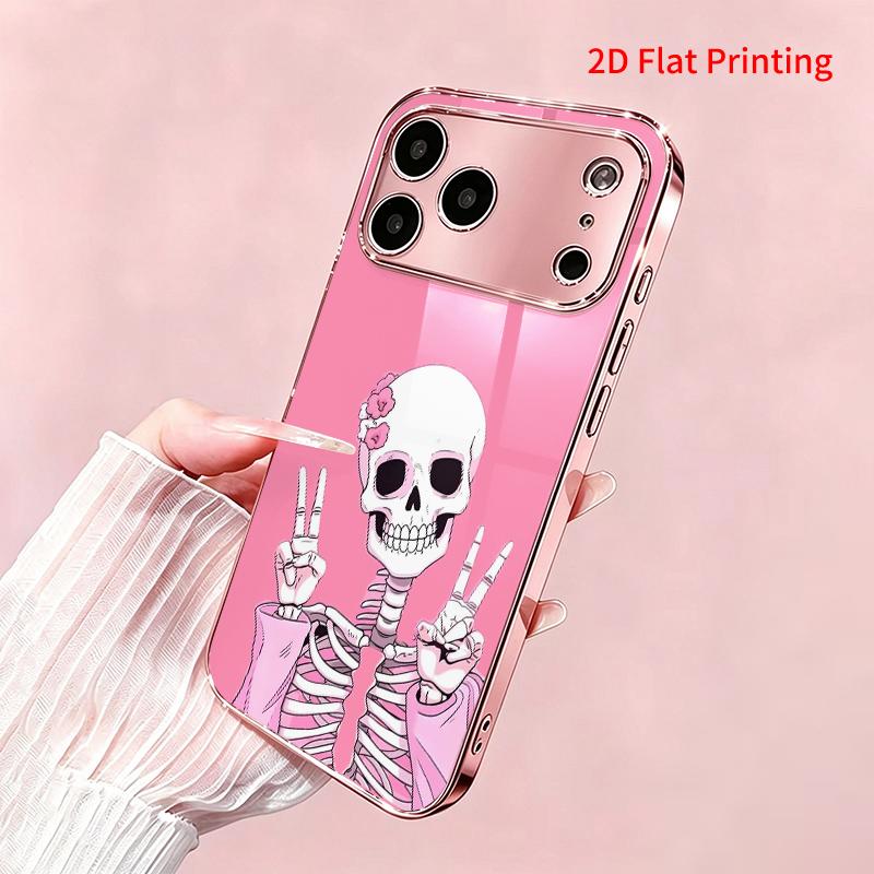 2DFlat electroplated tempered glass phone case,Cute Pink Skeleton Peace Sign Phone Case,suitable for iPhone 18 Pro Max 17 16 15 14 13 12 11
