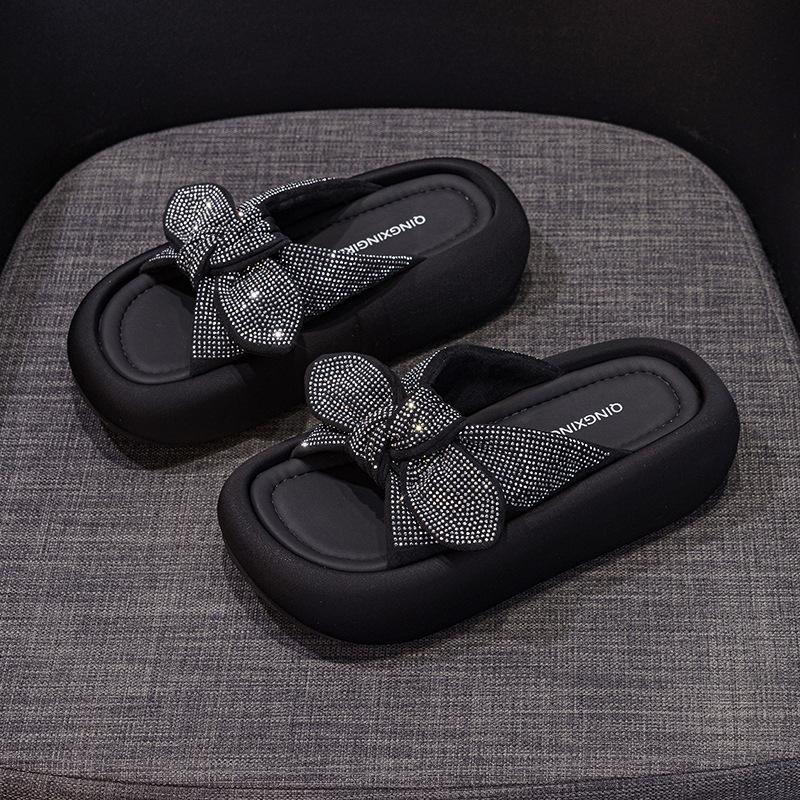 Rhinestones wear slippers for women, 2025 new bow casual fashion, versatile platform beach women's shoes