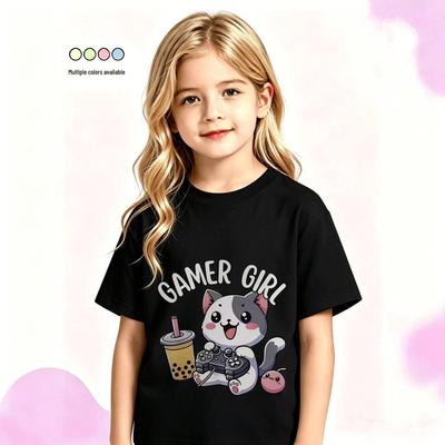 Gamer Girl Unisex Cartoon Katze Esports T-Shirt - Sommerlich Lässig Kurzarm