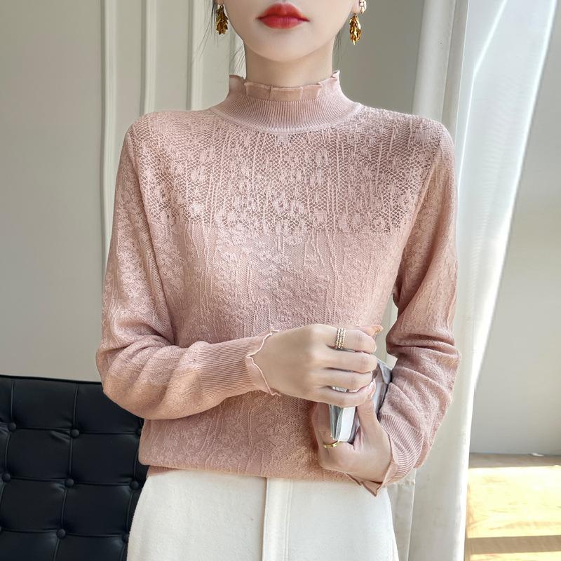 

осень зима полувысокий воротник кружево крючком милый свитер женский оборки однотонный все сочетается базовый вязаный топ 2XL розовый