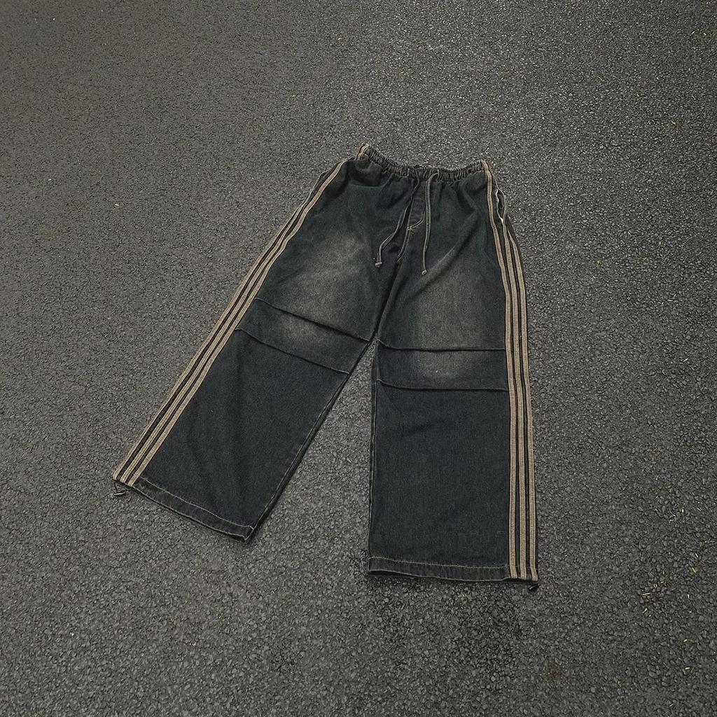 Sonbahar/Kış Çizgili Pileli Bol Günlük Pantolon: Retro Amerikan Sokak Stili Kot Pantolon