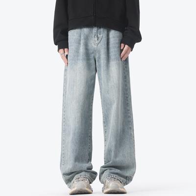 New Spring and Autumn Wide-leg Jeans Men's American High Street Retro Washing Old Wide-leg Trousers