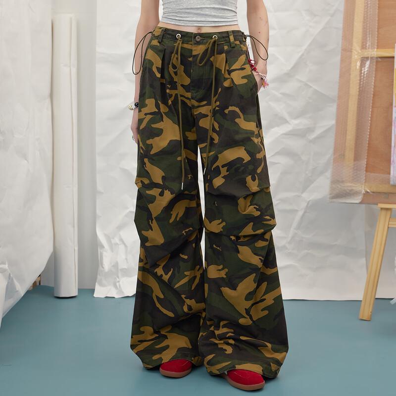 unifree American Retro Camo Print Loose Wide-Leg Casual Pants