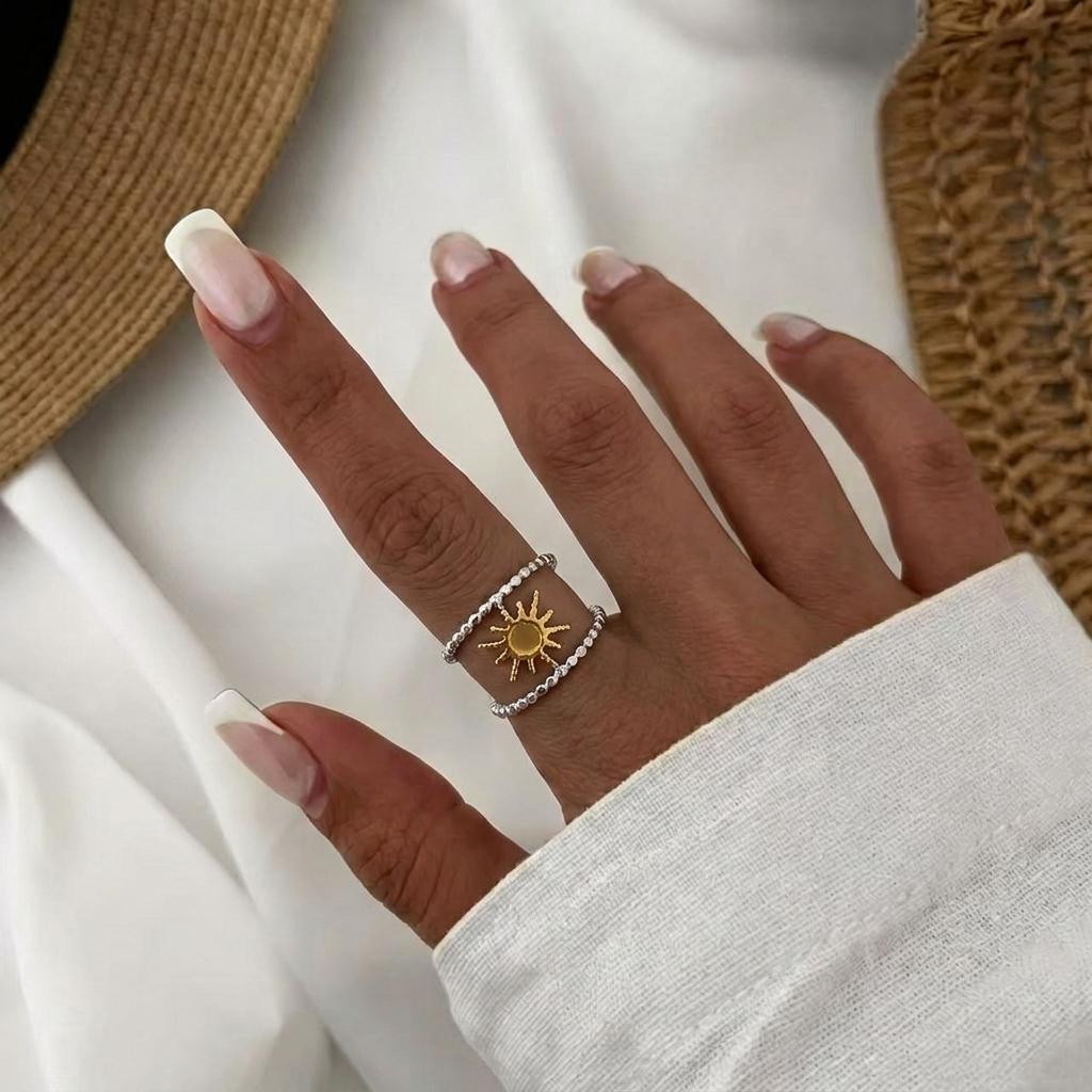 Multi-Style Sun Stainless Steel Open Ring Set for Women Vintage Hammered Twisted Rings Party Stackable Jewelry Gift