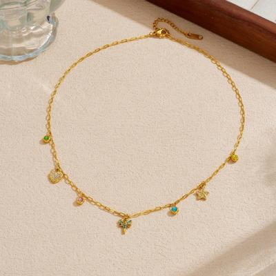 Gold Paperclip Chain Necklace with Multi Charm Pendants Colorful Crystal Necklace for Women