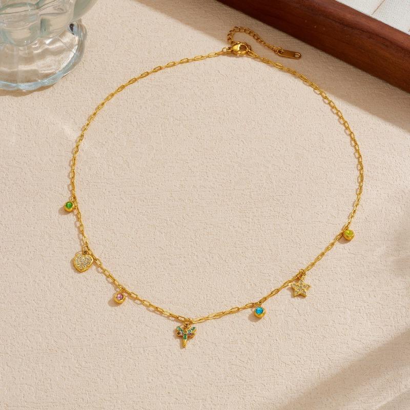 Gold Paperclip Chain Necklace with Multi Charm Pendants Colorful Crystal Necklace for Women