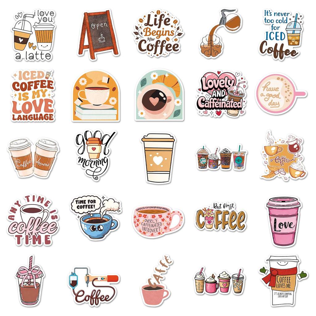 50 Coffee-Themed Doodle Stickers - Korean INS Style, Waterproof, Perfect for DIY Notebooks