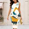 Women Plus Size Round Neck Sleeveless Cartoon Bulldozer Printed Bodycon Midi Dress