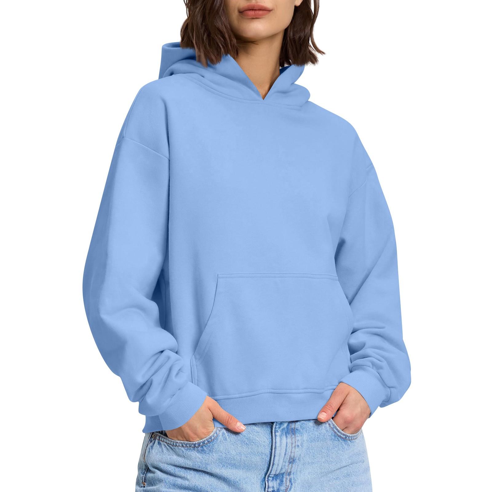 

Женская модная повседневная толстовка с длинными рукавами и круглым вырезом с капюшоном, однотонная толстовка с прошитой нитью S небесно-голубой