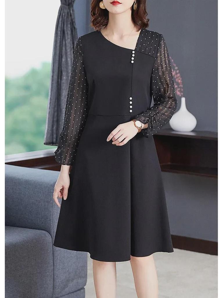 [Clearance] Elegant Spring Dress with Slim Waist, Beaded Polka Dot Long Sleeves - Plus Size