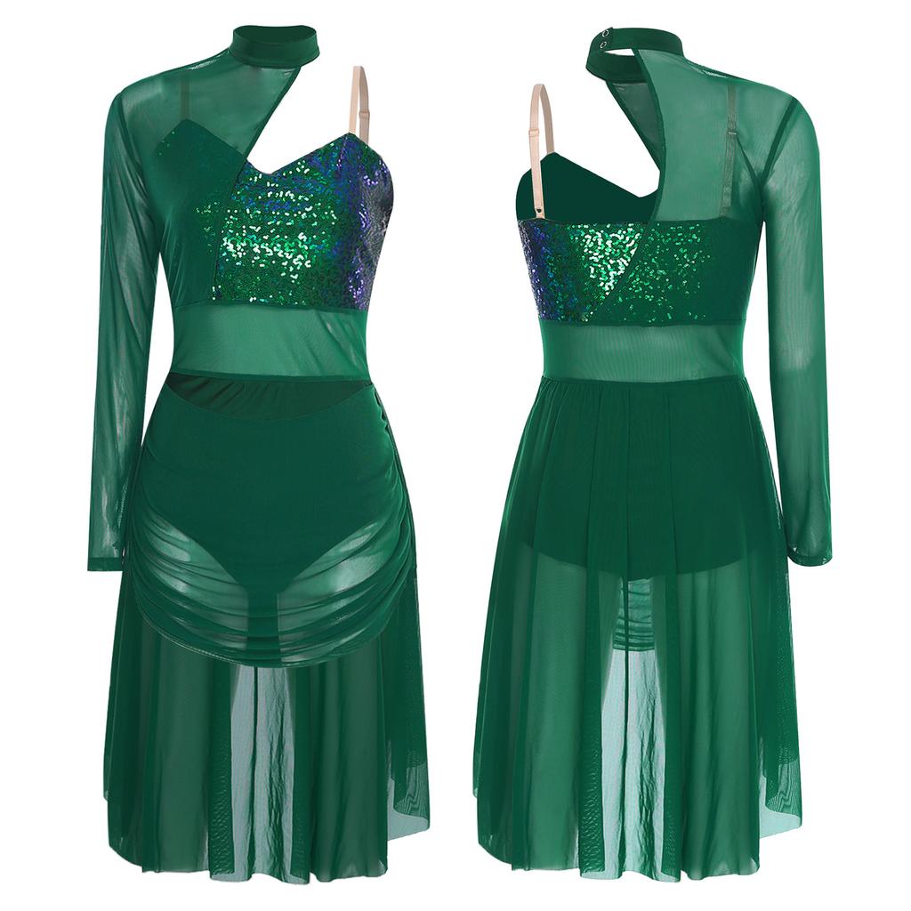 Damen Lyrischer Tanz Trikot Rollkragen Verstellbare Spaghettiträger Ein Schulter Glitzernde Pailletten Kleid