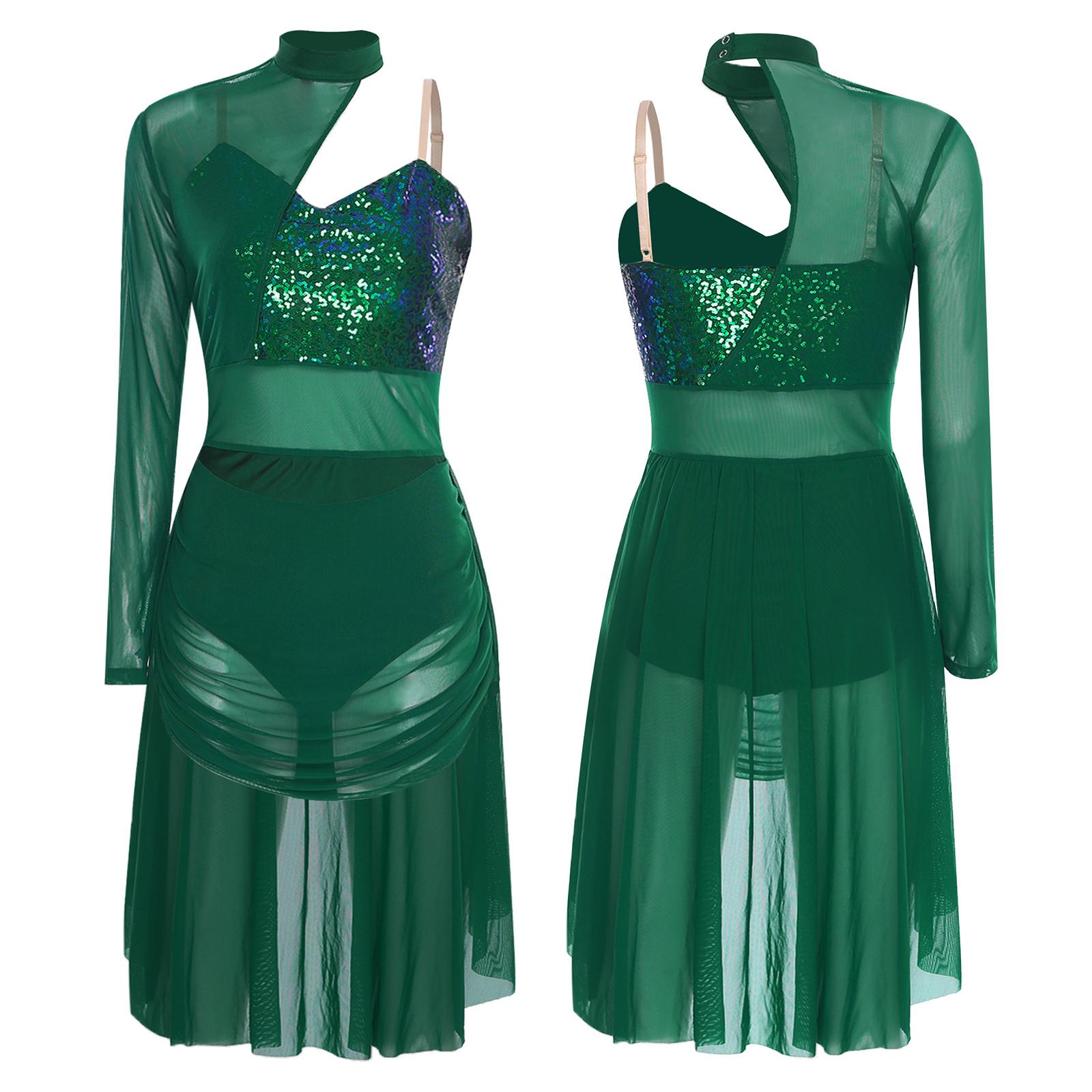 

Women s Turtleneck Leotard Adjustable Spaghetti Strap One Shoulder Single Sleeve Sparkly Sequined Dress S