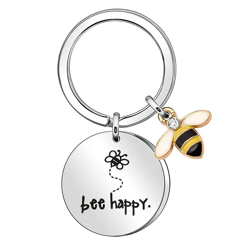 Teachers Day Keychain Bee Happy Little Bee Stainless Steel Keychain Gift Stainless Steel Keychain for Backpack Bag Pendant