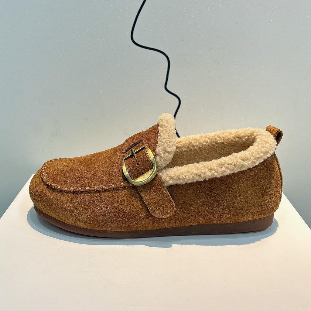 Leather velvet Birkenstocks women's 2025 autumn and winter new retro one-pedal lamb wool warm beans cotton shoes outside