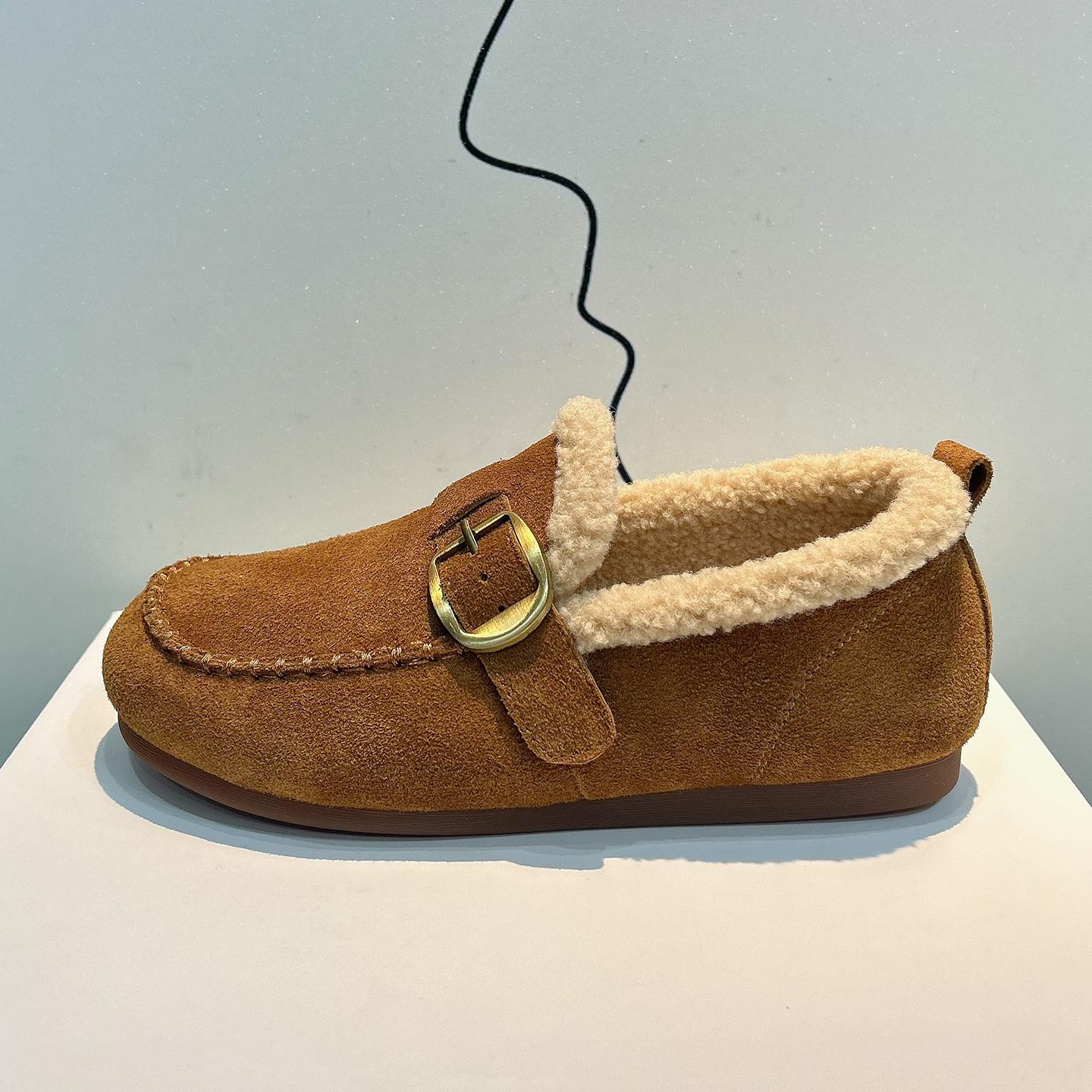 Кожаный вельвет Birkenstocks женские 2025 осень и зима новые ретро слипоны из овечьей шерсти теплые бобы хлопковые туфли для улицы 35