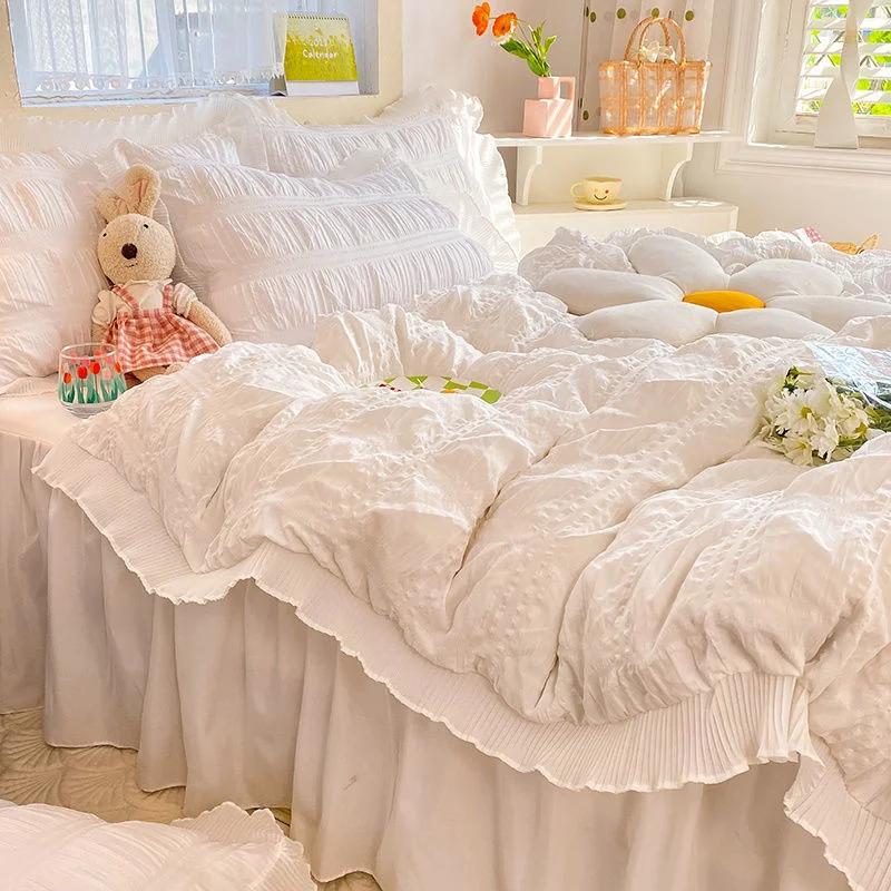 Kawaii Princess Seersucker Bedding Set Luxury Solid Color Duvet Cover Bed Sheet Pillowcase Single Double Size For Girl Decor